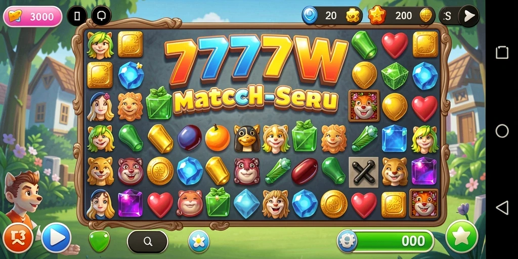 Screenshot utama game 7777W menunjukkan gameplay Match-3 yang menarik.