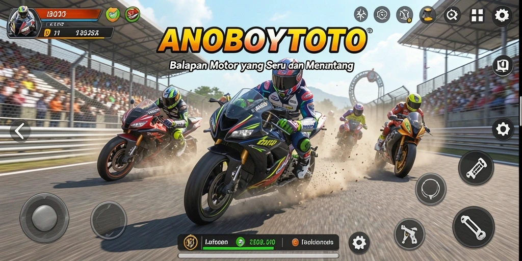 Tampilan gameplay ANOBOYTOTO dengan trek balapan yang menantang dan motor yang bertenaga.