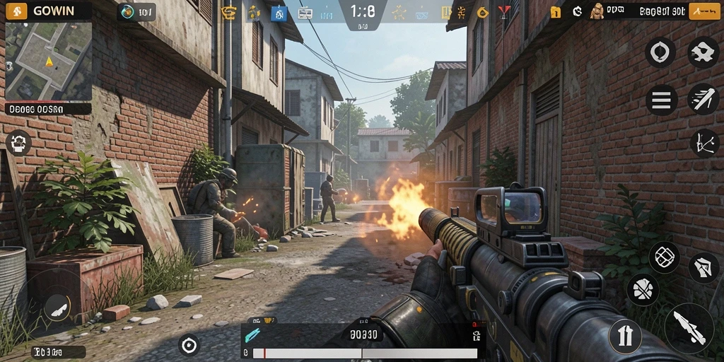 Screenshot GOWIN memperlihatkan aksi intense dalam permainan FPS.