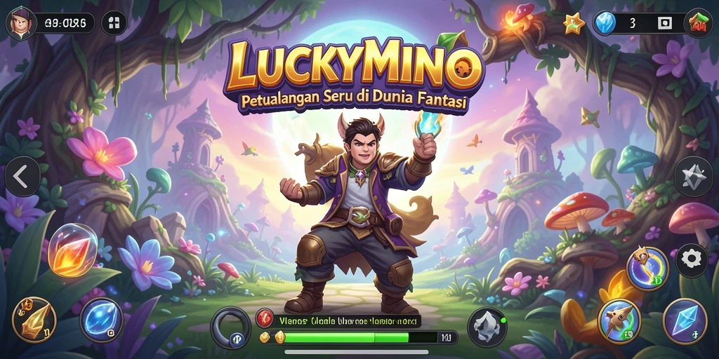 Screenshot utama menampilkan gameplay menarik LUCKYMINO di dunia petualangan.