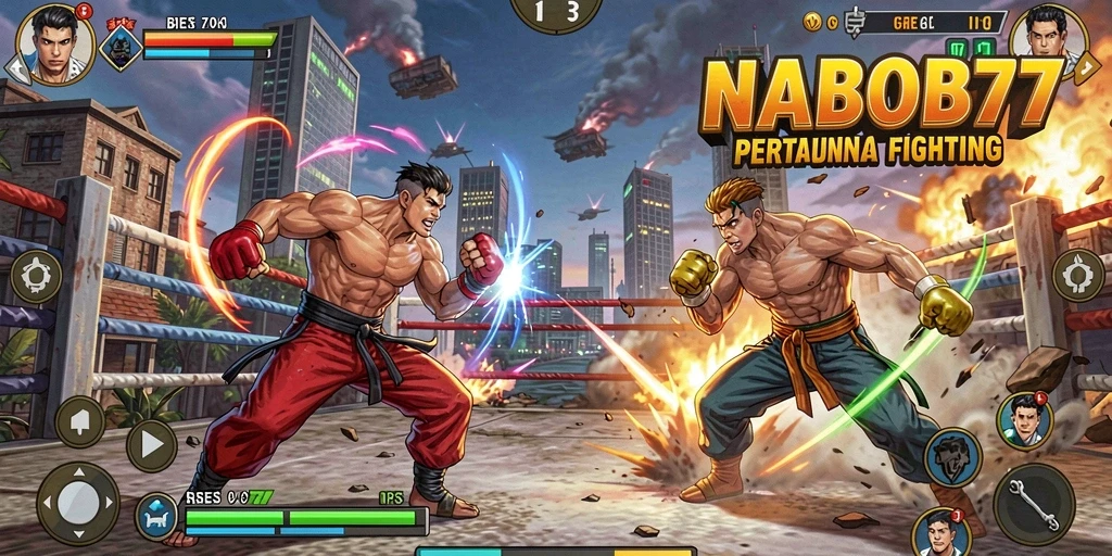 Screenshot utama NABOB77 menampilkan pertarungan intens antara karakter yang berbeda.